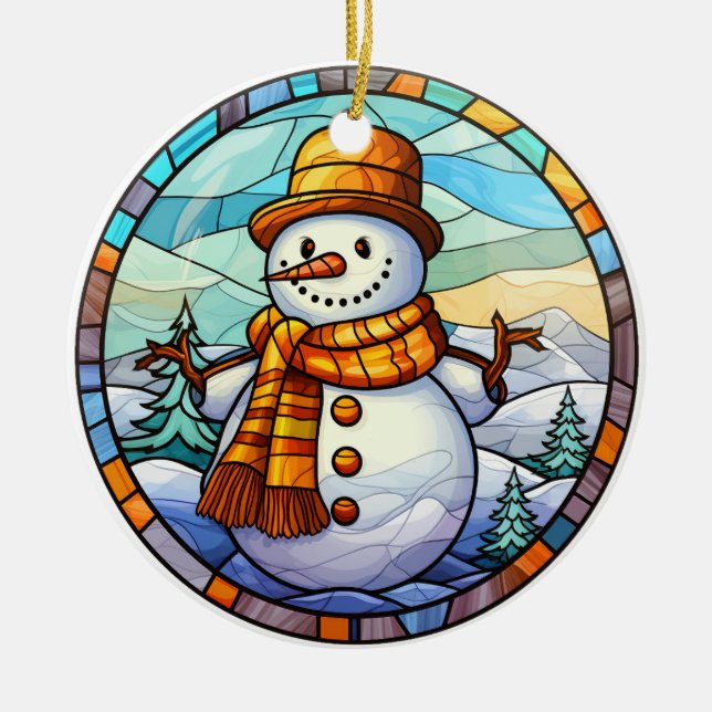 Christmas snowman  stained glass style ceramic tree decoration (Front)