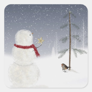 Christmas Snowman Star Square Sticker