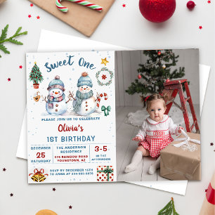 Christmas Snowman Sweet One 1st Birthday Photo Invitation
