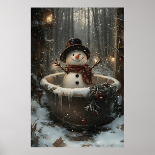 Christmas snowman takes bathtub print, winter poster
