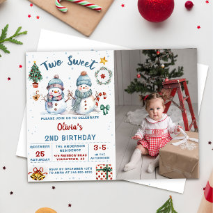 Christmas Snowman Two Sweet  2nd Birthday Photo Invitation