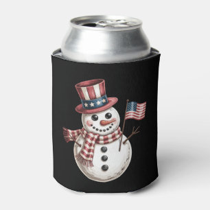 Christmas Snowman USA Flag Patriotic Xmas Snow Can Cooler