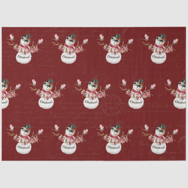 Christmas Snowman Watercolor Red Script Decoupage Tissue Paper (Front)