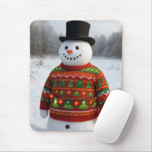 Christmas Snowman Wearing an Ugly Sweater Mouse Pad