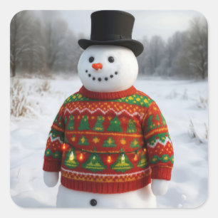 Christmas Snowman Wearing an Ugly Sweater Square Sticker