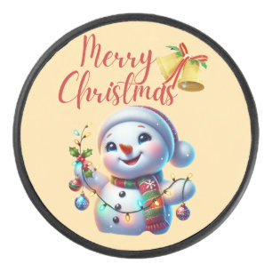 Christmas Snowman with Bells Festive Holiday Art Hockey Puck