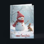 Christmas Snowman With Bunny<br><div class="desc">A snowman wearing a red hat and scarf stands cheerfully beside a small bunny,  also dressed warmly,  surrounded by a snowy landscape with gentle snowfall.
Text can be changed.</div>