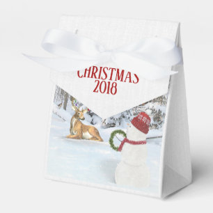 Christmas snowman with deer in winter woods favour box