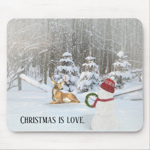 Christmas snowman with deer in winter woods mouse pad