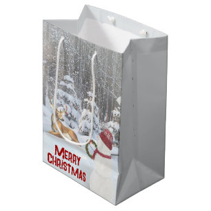 Christmas Snowman with Deer Medium Gift Bag