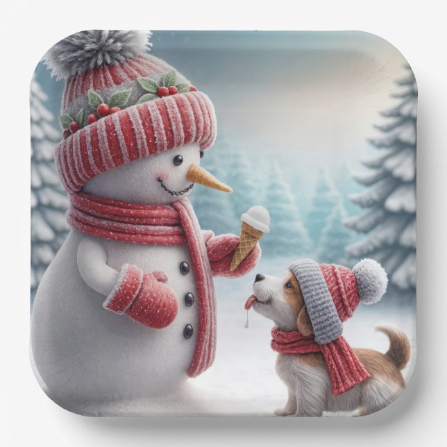 Christmas Snowman With Dog Paper Plate (Front)