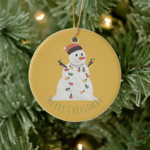 Christmas Snowman with Fairy Lights Ceramic Tree Decoration