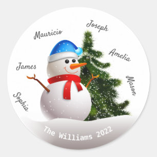 Christmas Snowman With Family Names Round Sticker