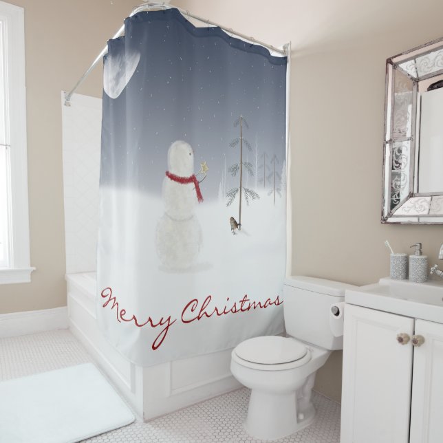 Christmas snowman with gold star and moon shower curtain (In Situ)