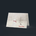 Christmas snowman with gold star in snow thank you card<br><div class="desc">Bird with scarf and Christmas snowman holding a gold star ornament for old pine tree in snowflakes.</div>