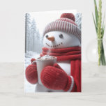 Christmas Snowman With Hot Chocolate Card<br><div class="desc">A cheerful snowman dressed in a red hat,  scarf,  and mittens holds a steaming mug of hot chocolate topped with marshmallows.
Text can be changed.</div>