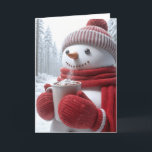 Christmas Snowman With Hot Chocolate Card<br><div class="desc">A cheerful snowman dressed in a red hat,  scarf,  and mittens holds a steaming mug of hot chocolate topped with marshmallows.
Text can be changed.</div>