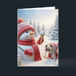 Christmas Snowman With Ice Cream Cone Card<br><div class="desc">A cheerful snowman wearing a red hat and scarf holds an ice cream cone with a dog looking at it sitting in deep snow.
Text can be changed.</div>