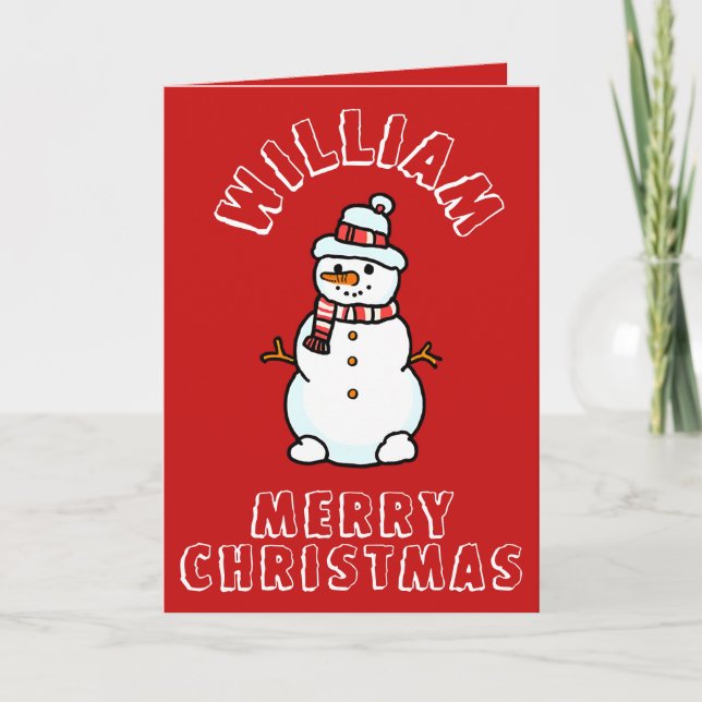 Christmas Snowman With Name | Boys Red Activity Holiday Card (Front)