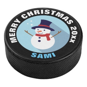 Christmas Snowman with Top Hat Hockey Puck