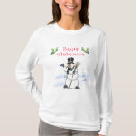 Christmas Snowman with tophat and scarf T-Shirt<br><div class="desc">Christmas series Featuring a jolly snowman,  a Christmas message,  holly leaves and red berries capped with snow. The snowman has his arm raised in greeting and a background of fir trees and snowdrifts completes the scene. Perfect for the whole Christmas season!</div>