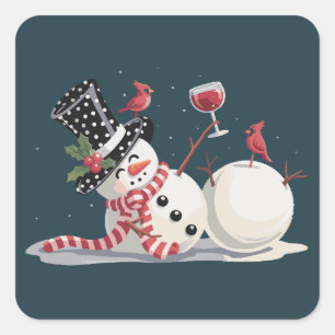 Christmas Snowman With Wine Gift Xmas Drinking Square Sticker