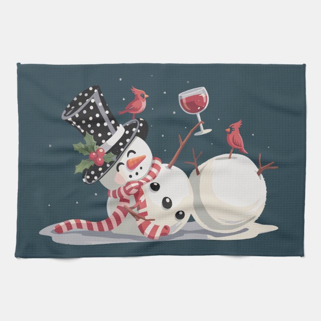 Christmas Snowman With Wine Gift Xmas Drinking Tea Towel (Horizontal)