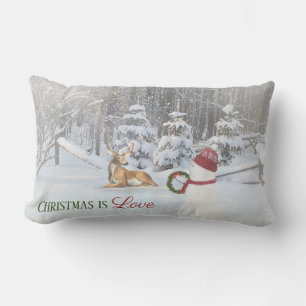 Christmas snowman with wreath for deer in snow lumbar cushion