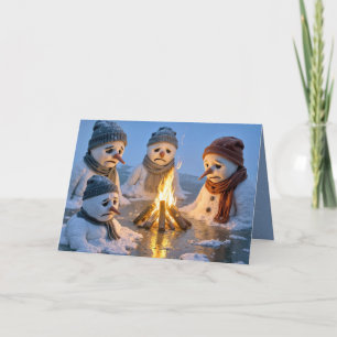 Christmas Snowmen Melting Around a Campfire Card