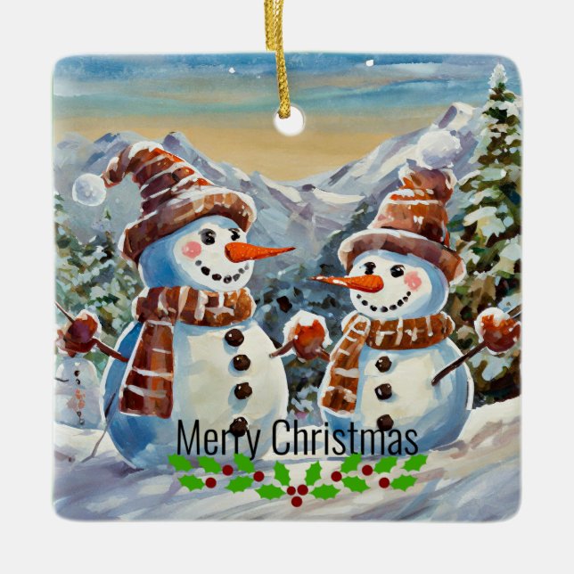 Christmas Snowmen, Merry Christmas, Ceramic Ornament (Front)