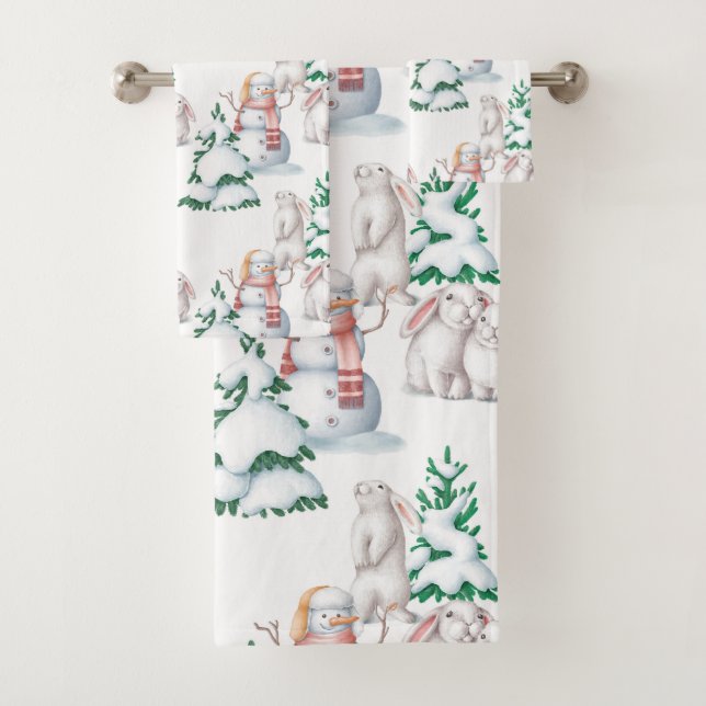 Christmas Snowmen Rabbits Trees Illustration Bath Towel Set (Insitu)