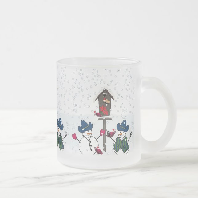 Christmas Snowmen with Cowboy Hats Frosted Glass Coffee Mug (Right)