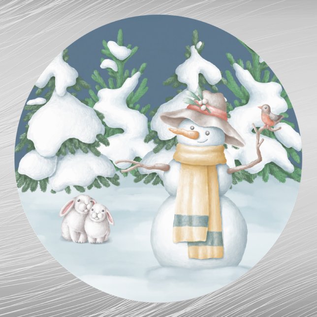 Christmas Snowwoman Rabbits Trees Snow Watercolor Classic Round Sticker (Creator Uploaded)