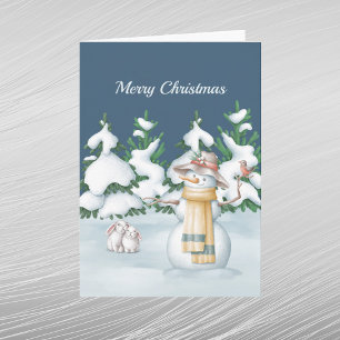 Christmas Snowwoman Rabbits Trees Snow Watercolor Holiday Card