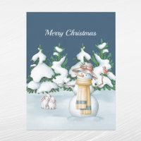 Christmas Snowwoman Rabbits Trees Snow Watercolor