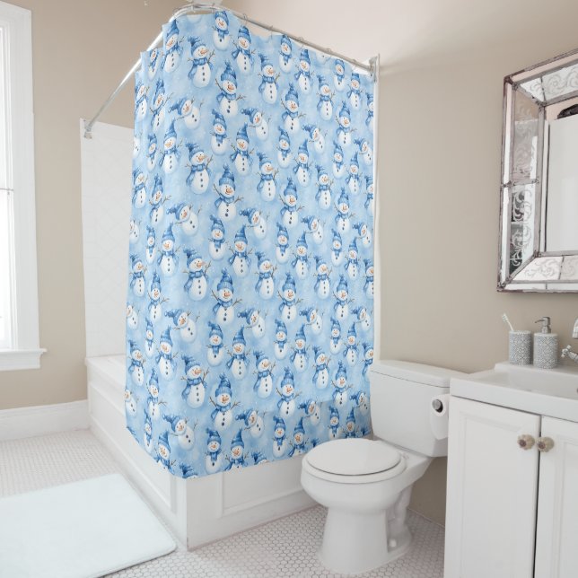 Christmas Snowy Blue Shower Curtain (In Situ)