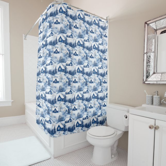 Christmas Snowy Blue Shower Curtain (In Situ)