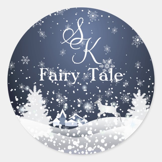 Christmas Snowy Fairy Tale Fantasy Forest Monogram Classic Round Sticker (Front)