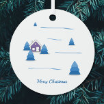 Christmas Snowy Landscape Ornament<br><div class="desc">Decorate your Christmas tree with this ornament!  It comes with a snowy landscape in a watercolor painting style with fir trees and a purple house and the text Merry Christmas!</div>