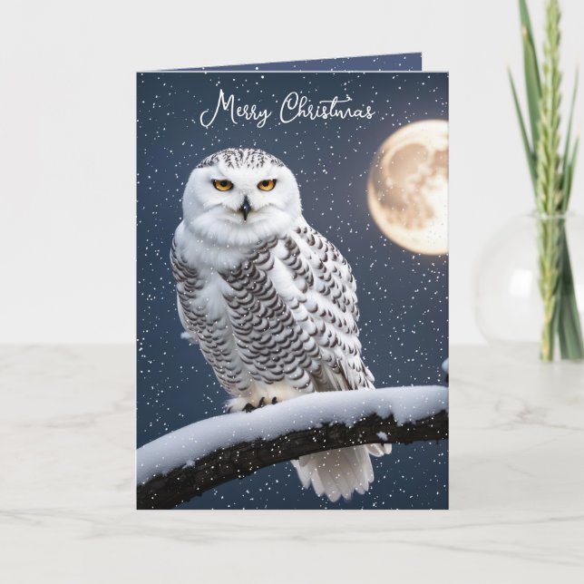 Christmas Snowy Owl In Snowflakes Holiday Card (Front)