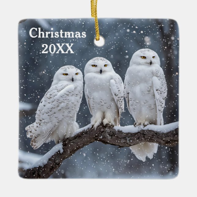 Christmas Snowy Owls Ceramic Ornament (Front)