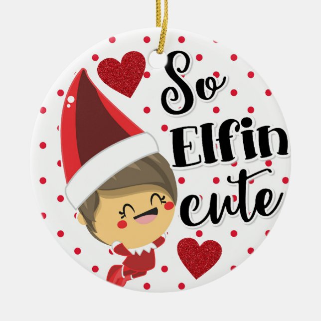 Christmas So Elfin Cute Elf Polka Dot Ceramic Tree Decoration (Front)