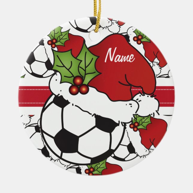 Christmas Soccer ⚽ Ball | Personalise Ceramic Tree Decoration (Front)
