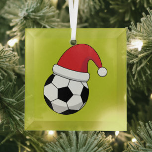 Christmas Soccer Ball With Santa Claus Hat Glass Tree Decoration
