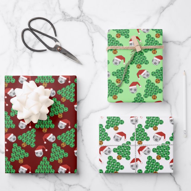 Christmas Soccer Santa Hats Wrapping Paper Sheets (Front)