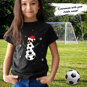Christmas Soccer Snowman Santa Hat Child's Name T-Shirt