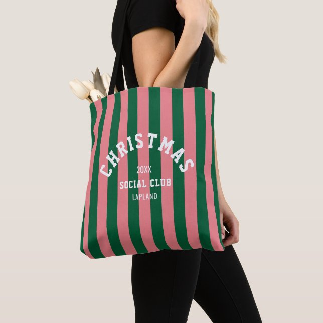 Christmas Social Club Green Pink Candy Stripes Tote Bag (Close Up)