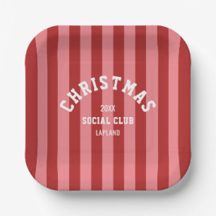 Christmas Social Club Red Pink Candy Stripes Paper Plate