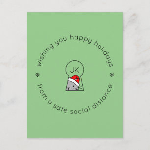 Christmas Social Distance Monogram Cat Green Holiday Postcard