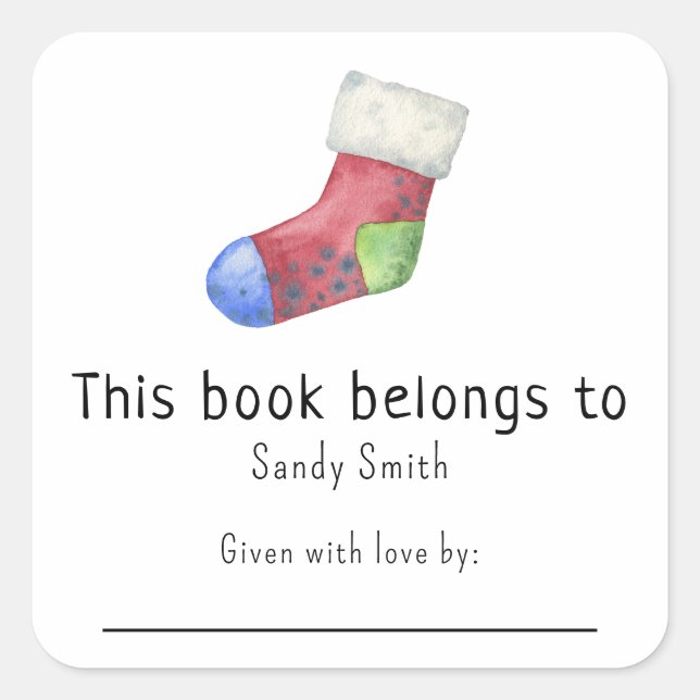Christmas sock - This book belongs with message Square Sticker (Front)